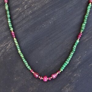 Artisan raw /virgin emerald and ruby 925 Beaded Necklace